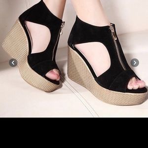 Zip Front Black Faux Suede Sandals Size 8 NWOT